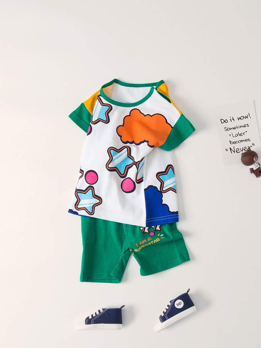 男嬰卡通圖案拼色t恤和標語圖案短褲 - 彩色 - 查看 1