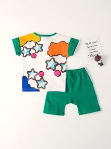 男嬰卡通圖案拼色t恤和標語圖案短褲 - 彩色 - 查看 2