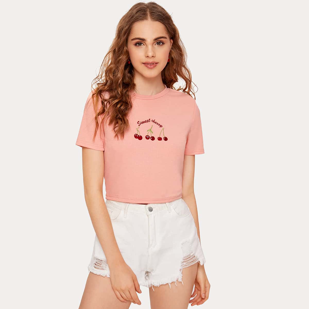 

Cherry Embroidery Crop Tee, Pink