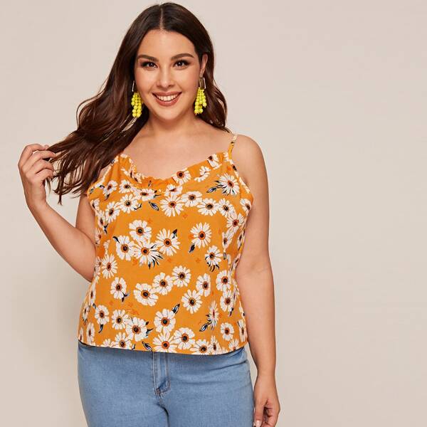 

Plus Floral Print Frill Trim Cami Top, Yellow