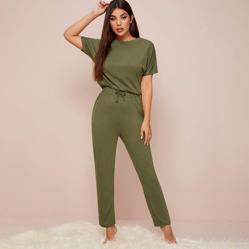 

Solid Tee & Pants PJ Set, Army green