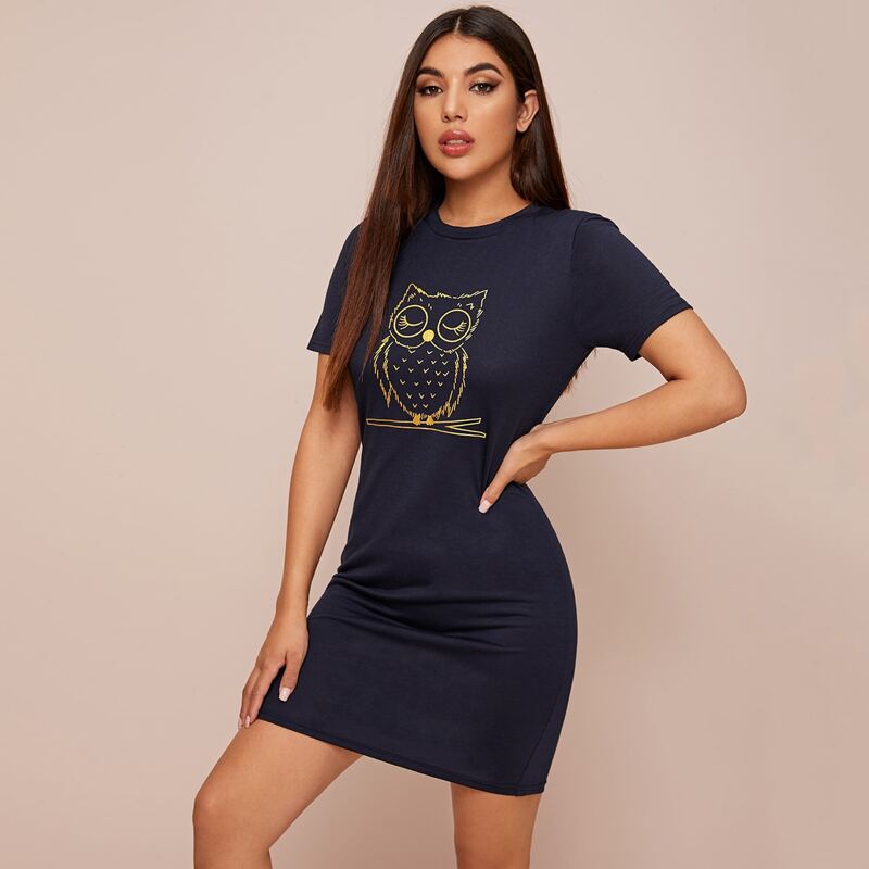 

Owl Print Short Sleeve Lounge Dress, Navy blue