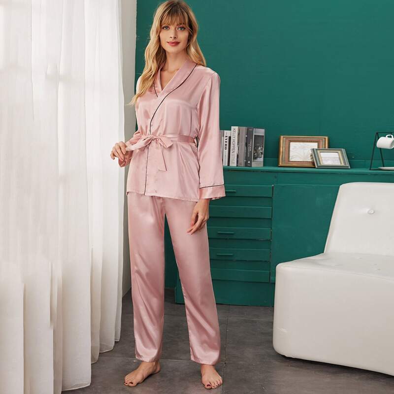 

Contrast Binding Belted Satin PJ Set, Pink
