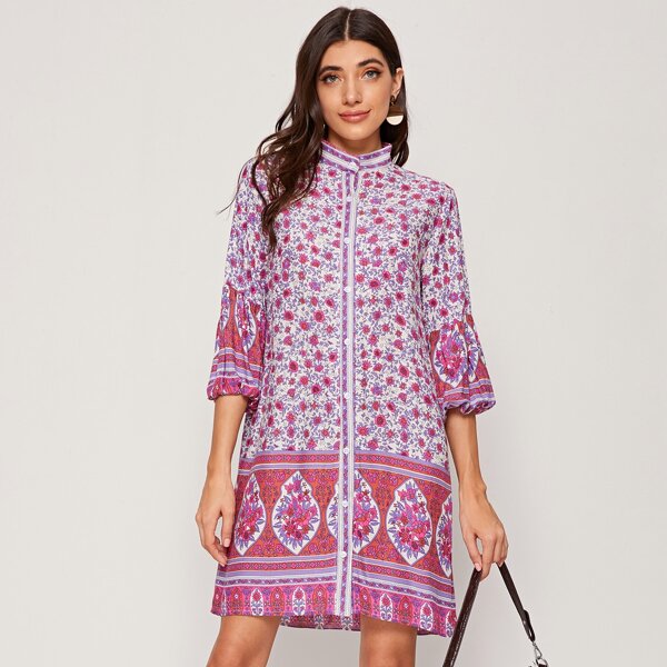 

Lantern Sleeve Floral Shirt Dress, Multicolor