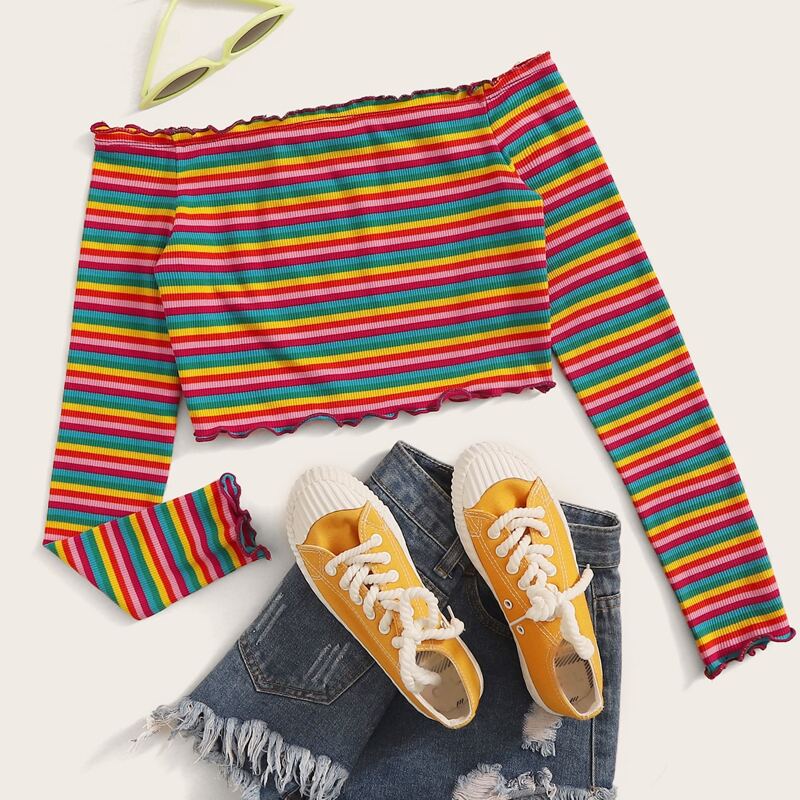 

Lettuce Edge Rainbow Striped Bardot Tee, Multicolor