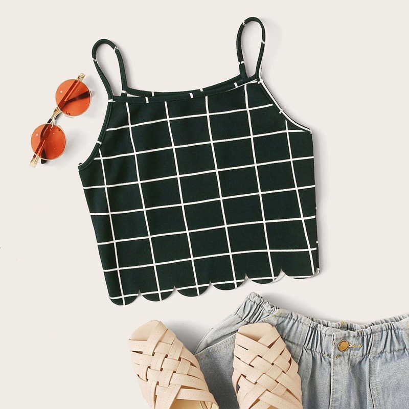 

Scallop Trim Grid Cami Top, Dark green