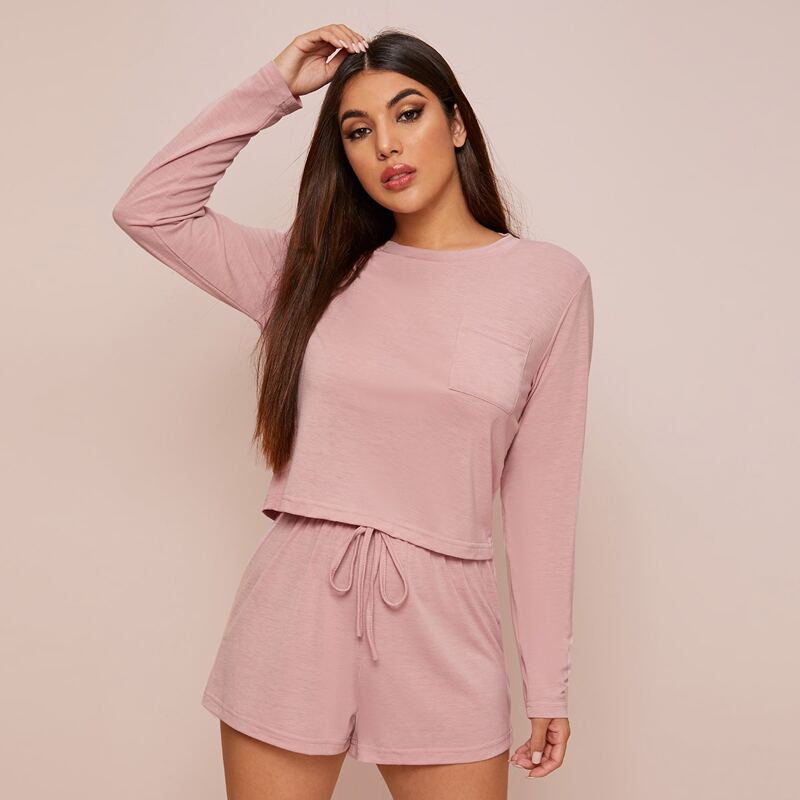 

Solid Pocket Front Tee & Drawstring Shorts PJ Set, Pink