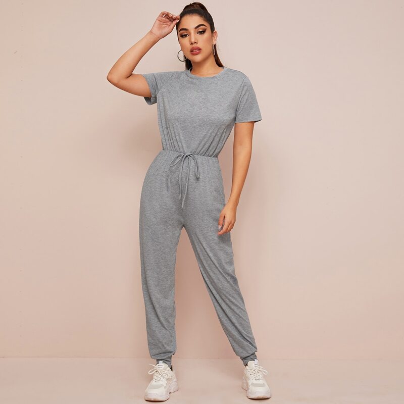 

Solid Drawstring Waist Jumpsuit, Grey