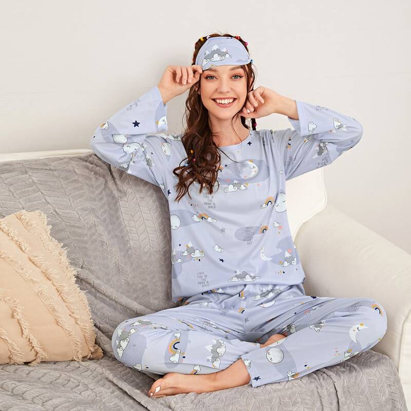 

Cartoon Moon And Rainbow Graphic PJ Set, Blue