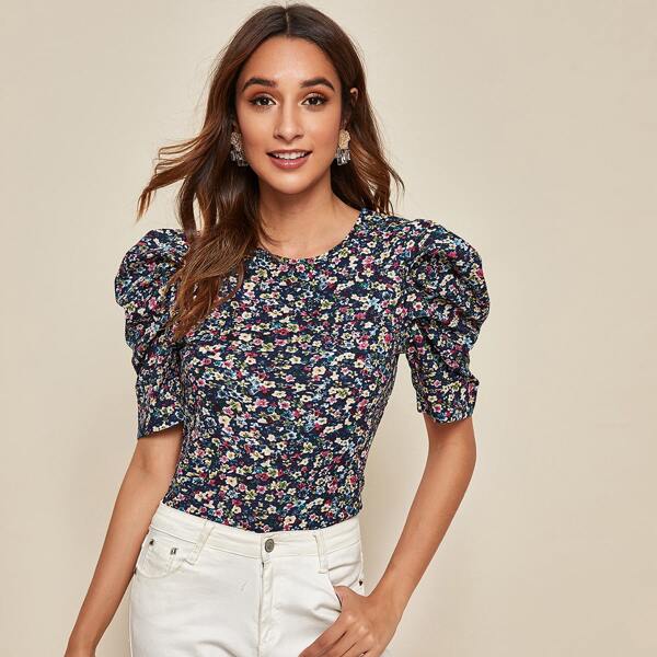 

Ditsy Floral Print Puff Sleeve Top, Multicolor