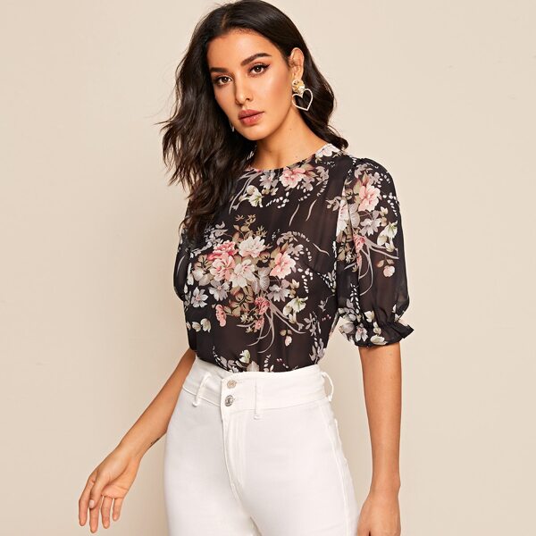

Flounce Sleeve Floral Sheer Top, Multicolor