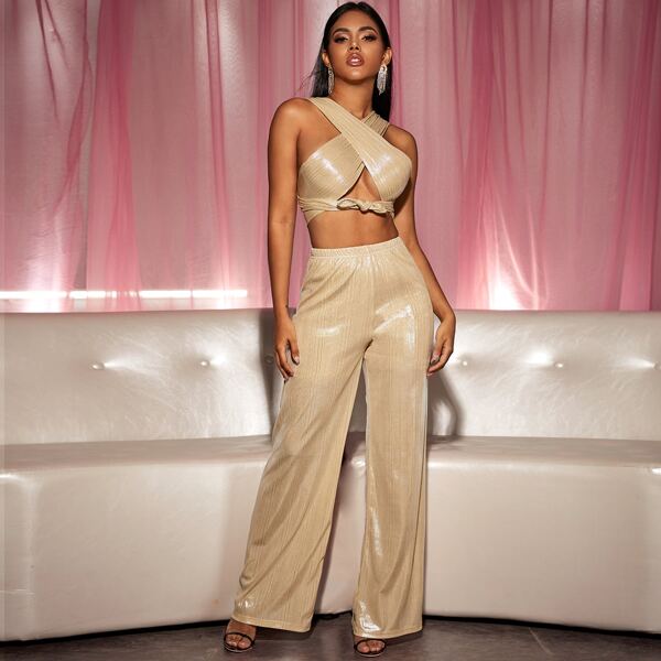 

Tie Front Cross Wrap Plisse Top & Wide Leg Pants, Beige