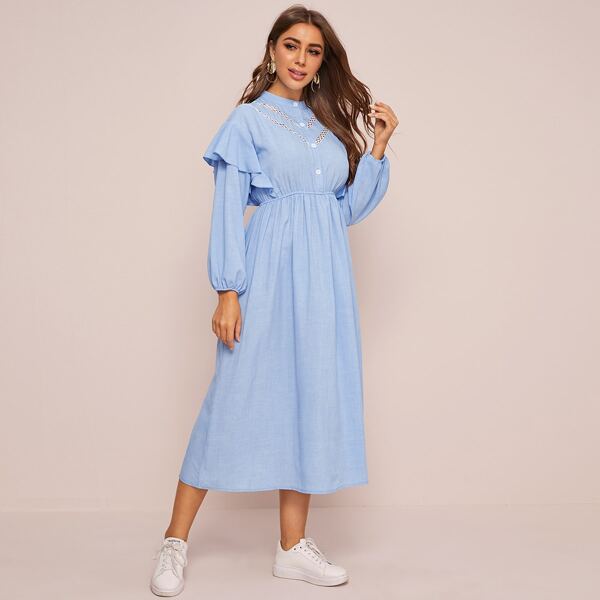 

Mock Neck Ruffle Shirt Dress, Blue pastel