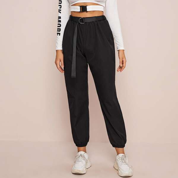 

Solid Belted Elastic Hem Sweatpants, Black
