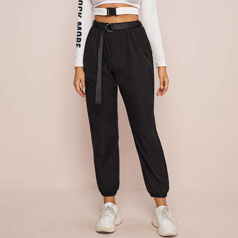 

Solid Belted Elastic Hem Sweatpants, Black