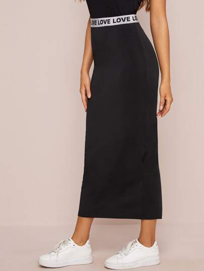 Letter Tape Split Back Pencil Skirt