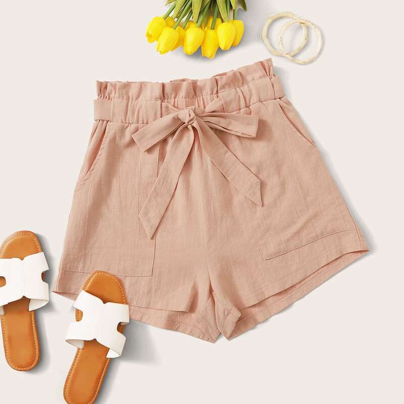 

Paperbag Waist Self Tie Shorts, Pink