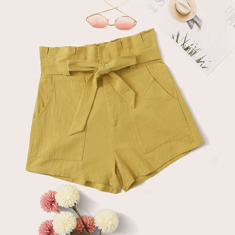 

Paperbag Waist Belted Shorts, Yellow