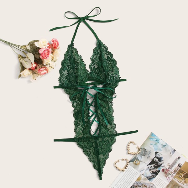 

Lace-up Floral Lace Halter Teddy Bodysuit, Green
