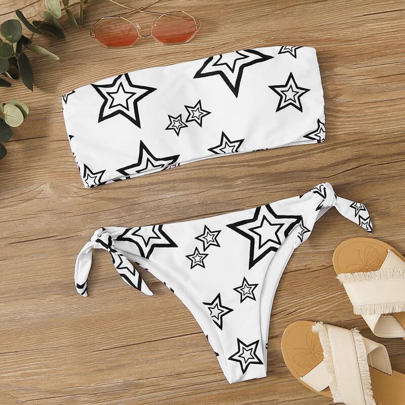 

Star Print Bandeau Tie Side Bikini Swimsuit, Black and white