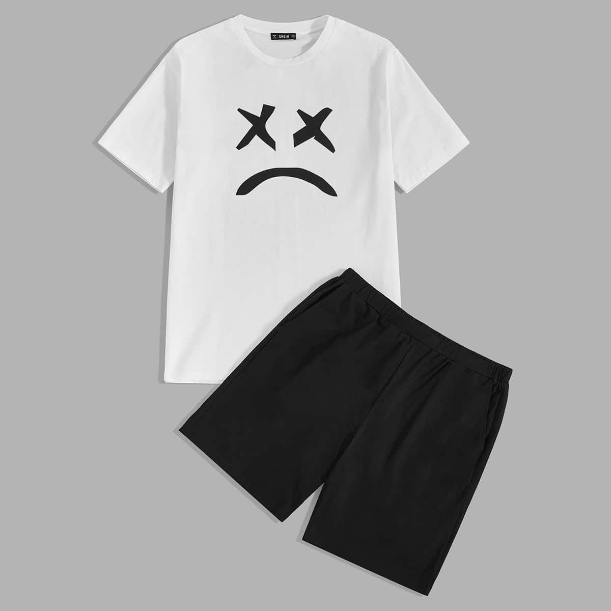 

Guys Cartoon Graphic Top & Shorts PJ Set, Black and white