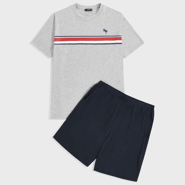 

Men Wapiti and Striped Print Top & Shorts PJ Set, Multicolor