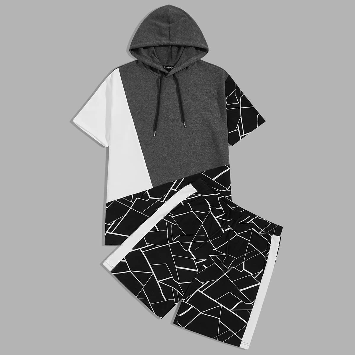 

Guys Geo Print Colorblock Hooded Top & Sweat Shorts Set, Multicolor
