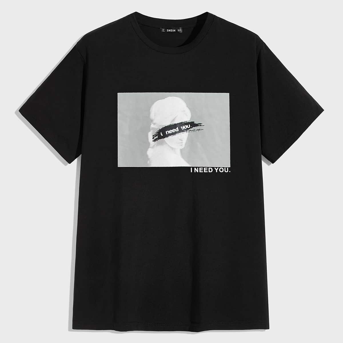 

Guys Slogan and Figure Graphic Top, Black