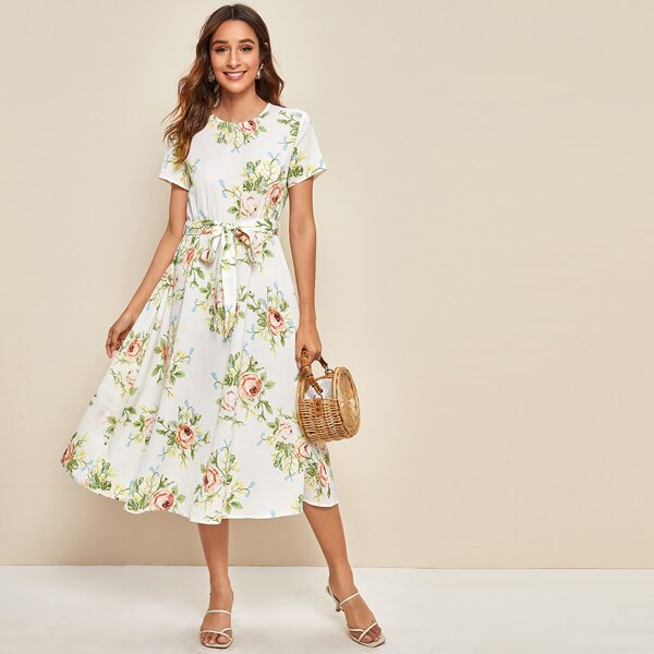 

Keyhole Back Floral Print Belted Dress, White