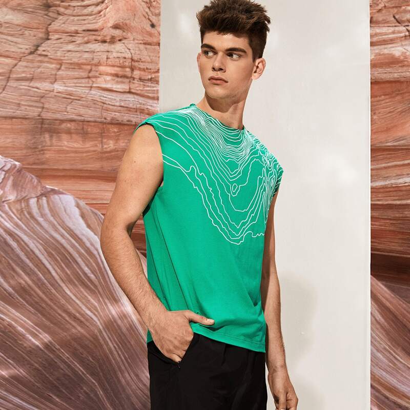 Guys Line Print Raw Edge Neck Tank Top, Green