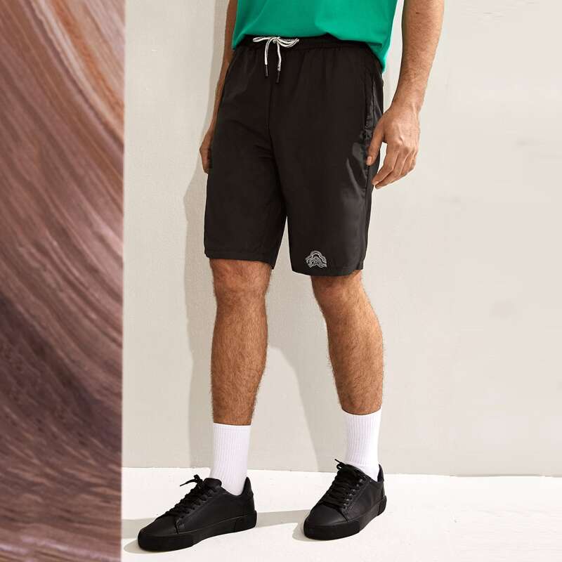

Guys Drawstring Waist Zipper Pocket Windbreaker Shorts, Black