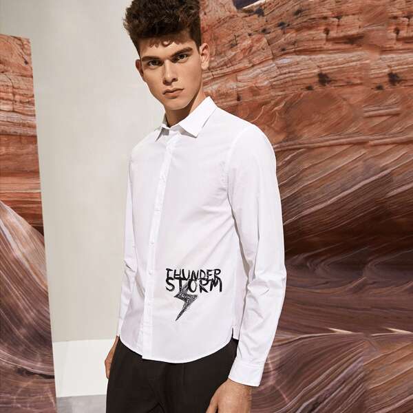

Men Slogan and Lightning Print Shirt, White