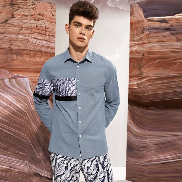 

Men Button Front Colorblock Shirt, Blue