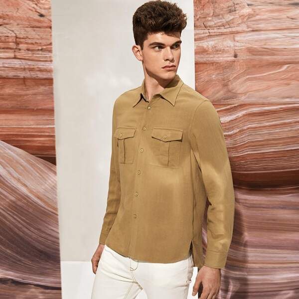 

Men Flap Pocket Front Shirt, Khaki