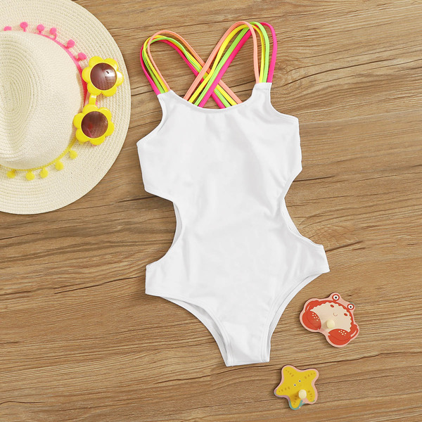 

Girls Criss Cross Cutout Waist One Piece Swimsuit, White