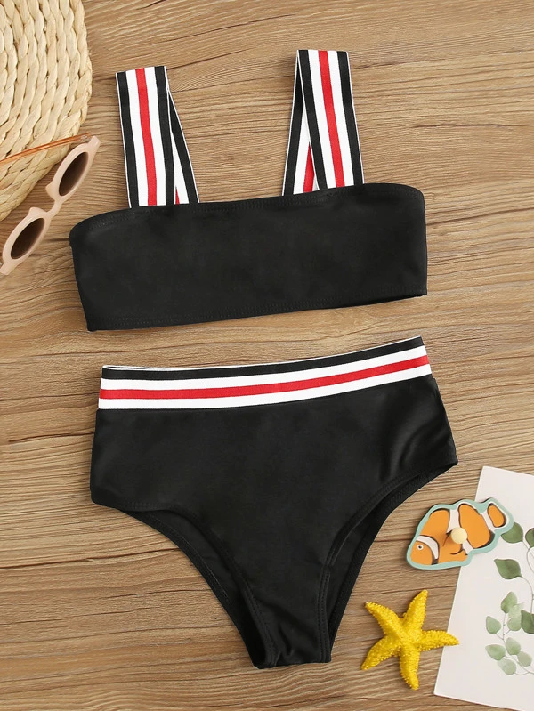 Girls Striped Tape Top With High Waisted Bikini Shein Usa