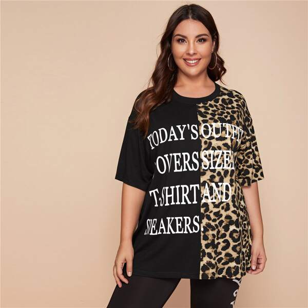 

Plus Drop Shoulder Slogan Graphic Leopard Spliced Tee, Multicolor