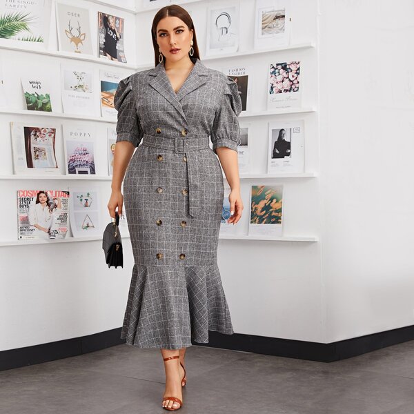 

Plus Puff Sleeve Buckle Belted Fishtail Hem Plaid Dress, Grey