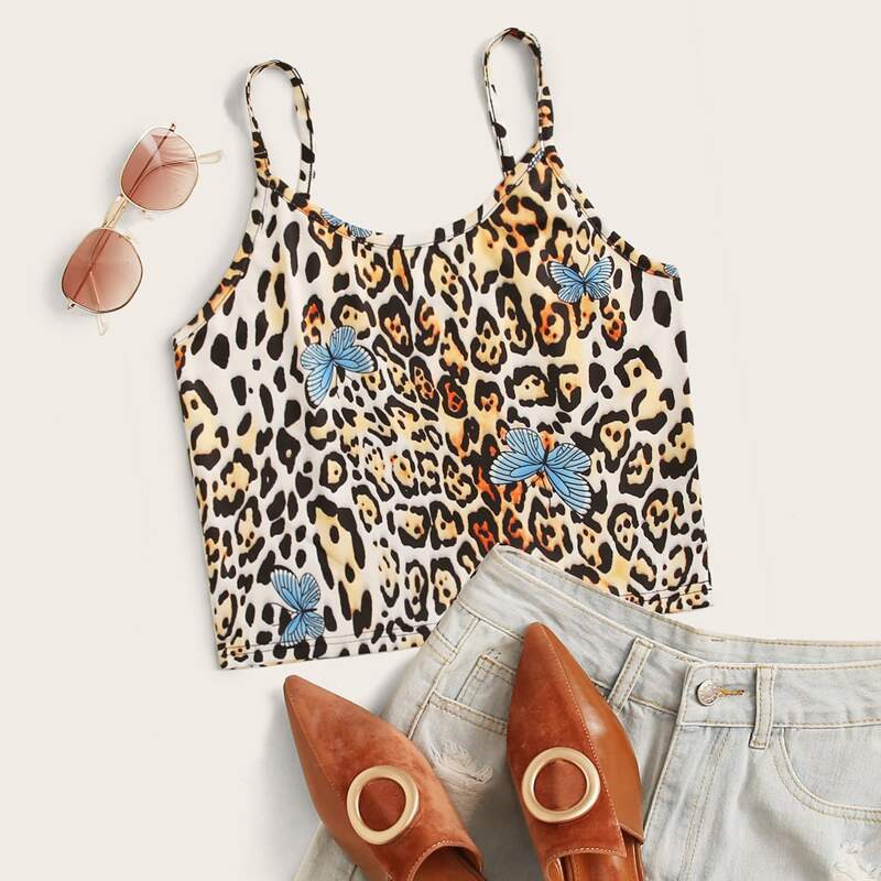 

Leopard & Butterfly Print Crop Cami, Multicolor