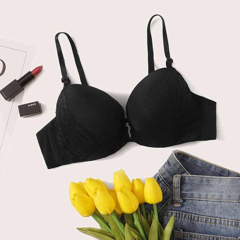 

Lace Trim Push Up Bra, Black