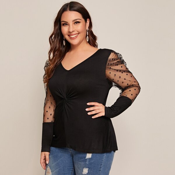 

Plus Dobby Mesh Puff Sleeve Twist Front Top, Black