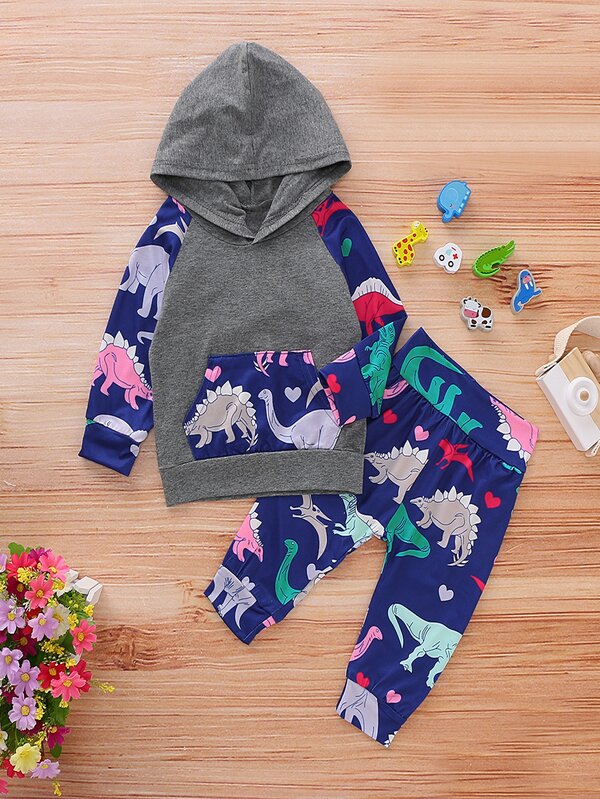Capucha De Bebe Nino Con Estampado De Dinosaurio Panel En Contraste Con Pantalones Joggers Moda De Mujer Shein Mexico