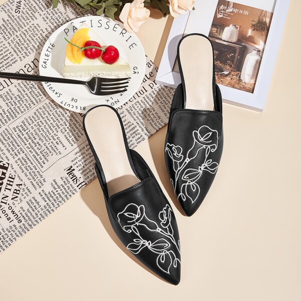 

Embroidered Flower Point Toe Flat Mules, Black