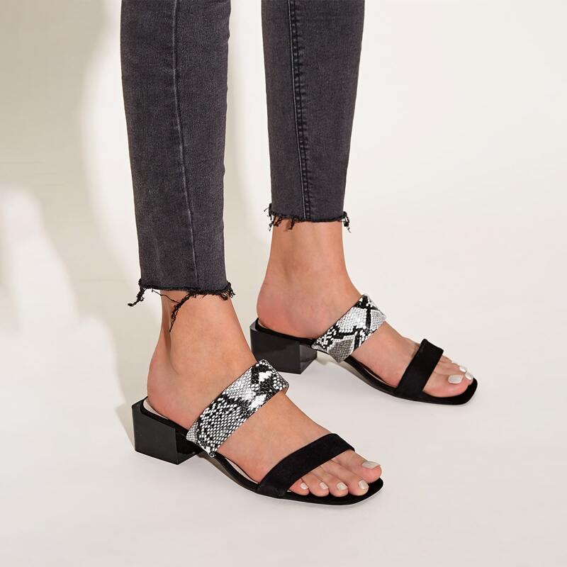 

Contrast Snakeskin Print Chunky Heeled Mules, Black
