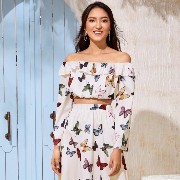 

Off Shoulder Ruffle Trim Butterfly Print Crop Top, Multicolor