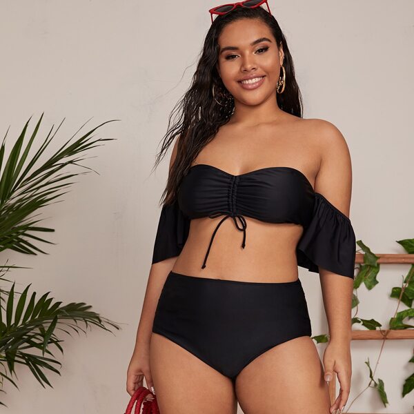 

Plus Ruffle Trim Drawstring High Waisted Bikini Swimsuit, Black
