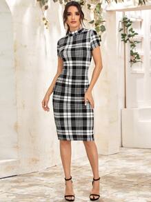 SHEIN Privé Mock Neck Plaid Pencil Dress,Tea Party Dress,Summer Dresses For Women - Black and White - View 1