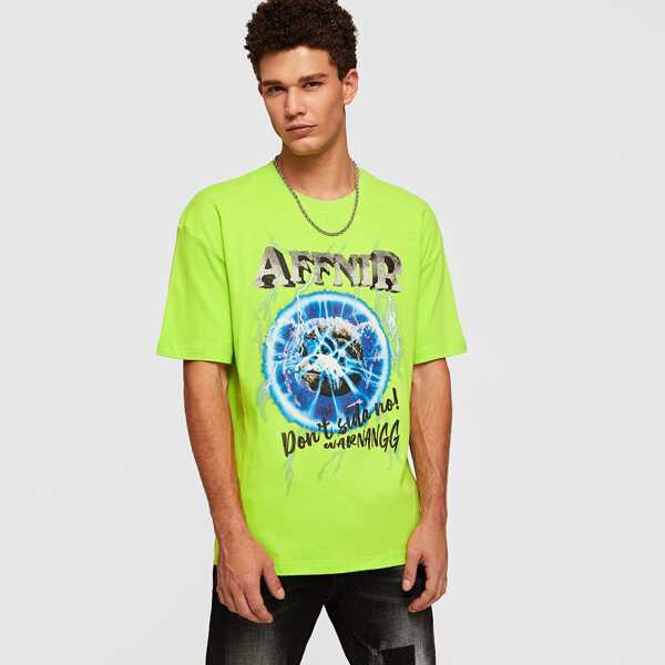 

Men Neon Lime Letter Graphic Tee, Green bright