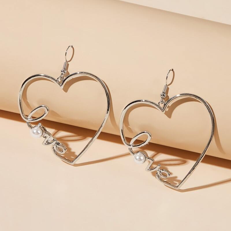 

1pair Love Heart Drop Earrings, Silver