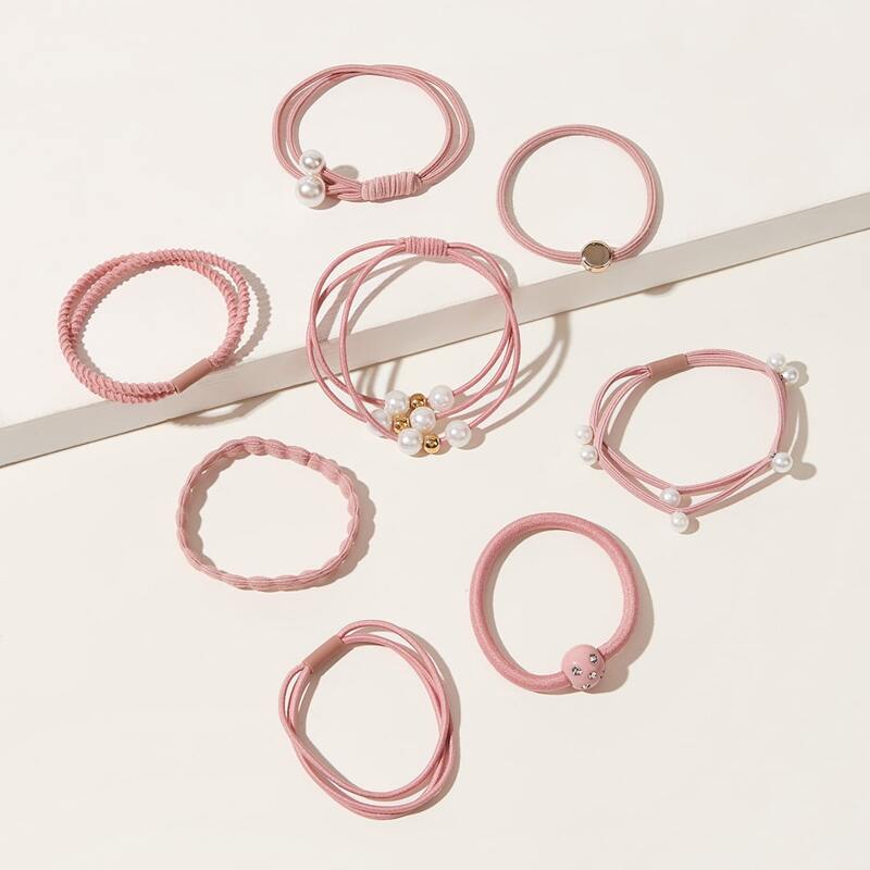 

8pcs Faux Pearl Decor Hair Tie, Pink